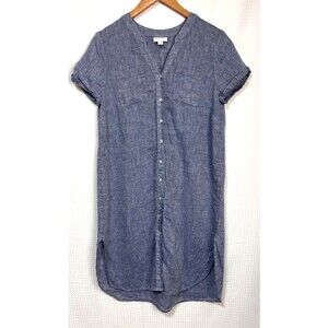 J. Jill Love Linen Button Front Shirt Dress Small Petite SP Chambray Blue Midi g